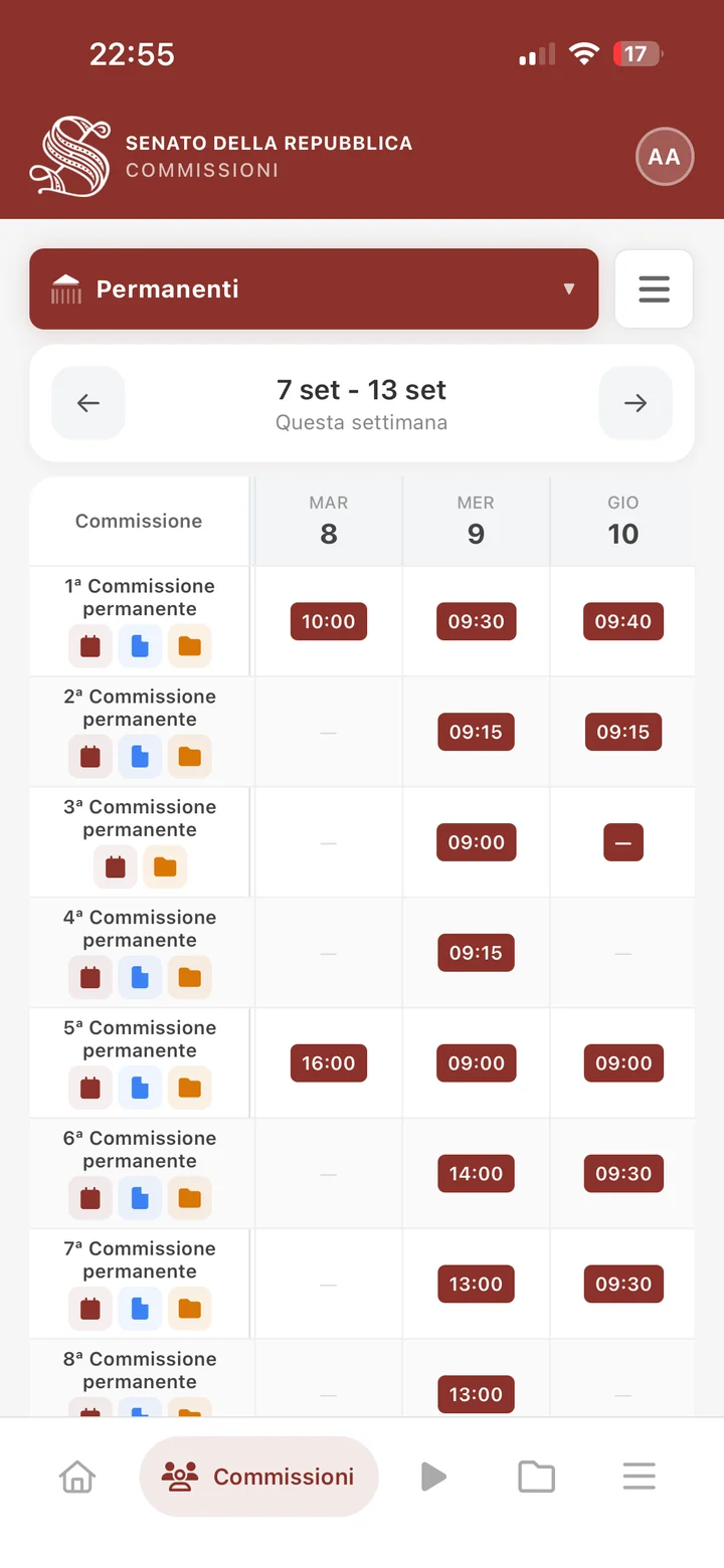 Tabulas — calendario delle commissioni permanenti
